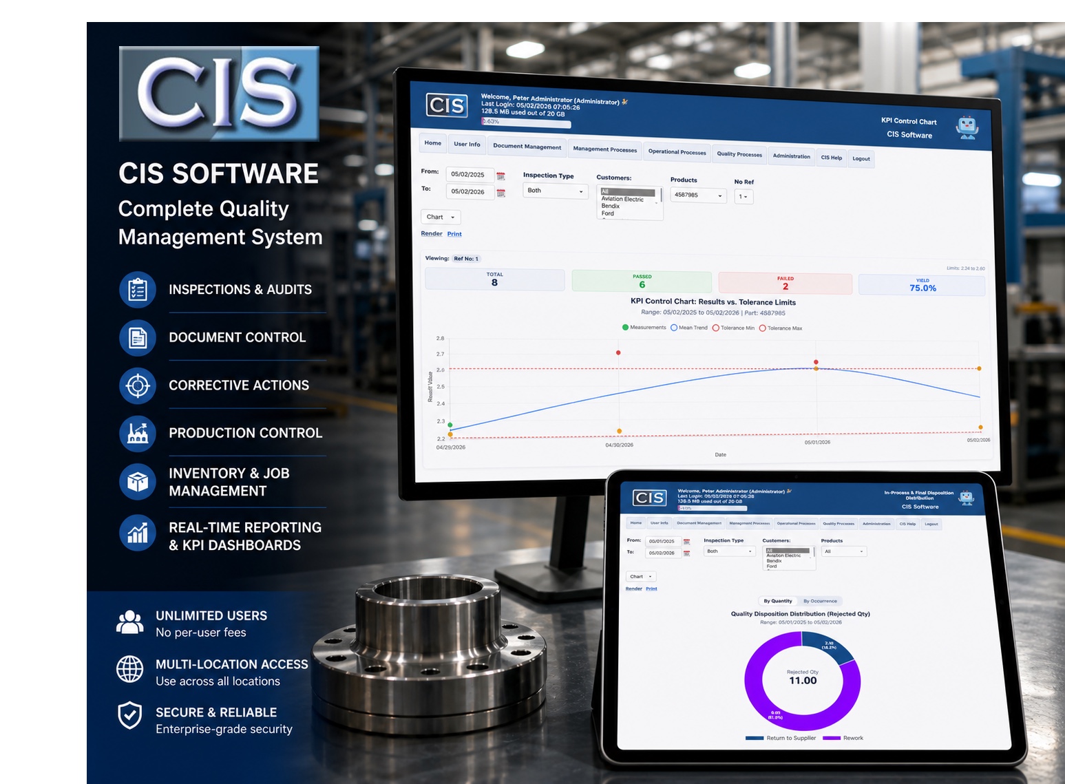 CIS Software manufacturing quality management system dashboard showing inspections audits production control inventory and KPI reporting on shop floor