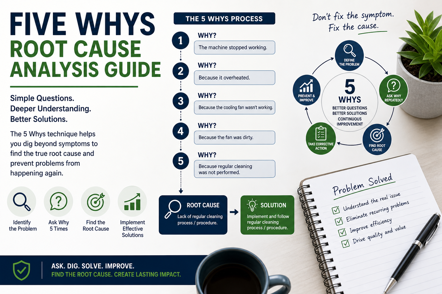Five Whys root cause analysis method for problem solving and continuous improvement