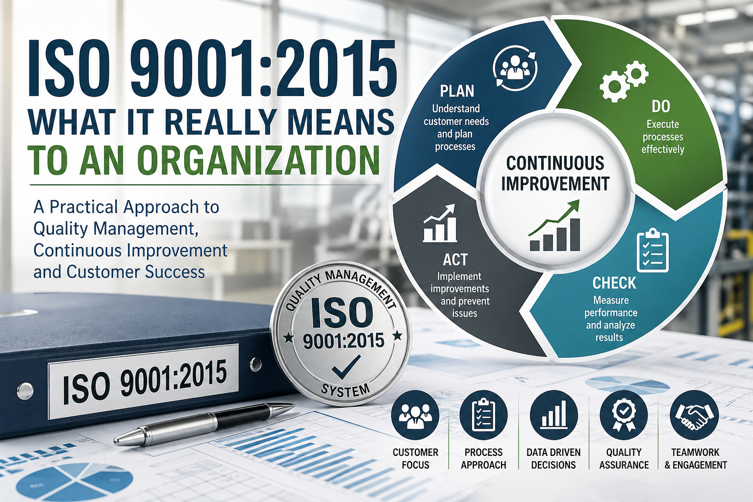 ISO 9001:2015 quality management system diagram showing continuous improvement process and organizational performance